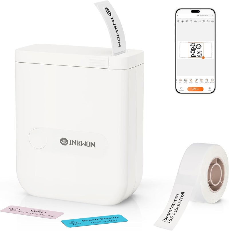 InkWon D110 Label Maker Machine with Tape, Bluetooth Mini Label Maker with Various Templates, Wireless Portable Small Label Printer for Home, Office, School, White - Image 1